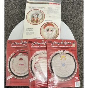 Vtg Christmas Embroidery Stitchery Kits Santa Angel Bells Bernat‎ Hoop-To-Stitch